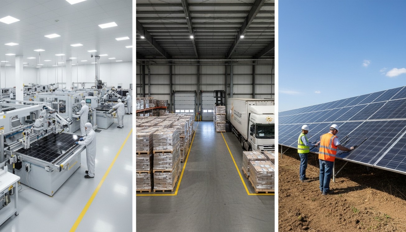 Standard PV module value chain from manufacturing and logistics to field installation for scalable solar projects